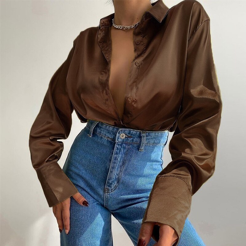 W&W Mode | Satinierte Bluse Mit Polo Kragen Seidenbluse Fürs Büro Weinlese Design Mit Lockerer Knopf Elegante Mode