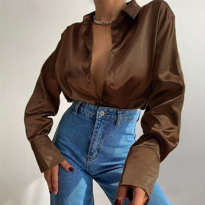 W&W Mode | Satinierte Bluse Mit Polo Kragen Seidenbluse Fürs Büro Weinlese Design Mit Lockerer Knopf Elegante Mode