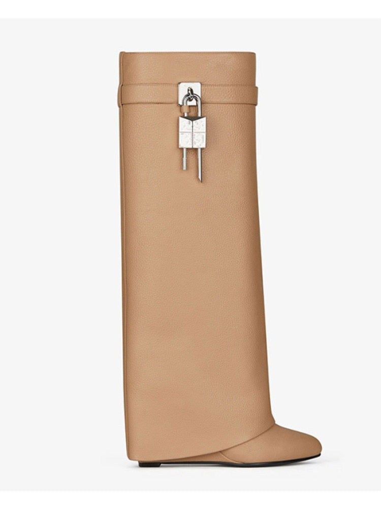 W&W Mode | Damen Kniehoge Stiefel Shark Lock Lange Dicke Sohlen High Heels Stiefel Designer Luxusmarke Damen Lederstiefel