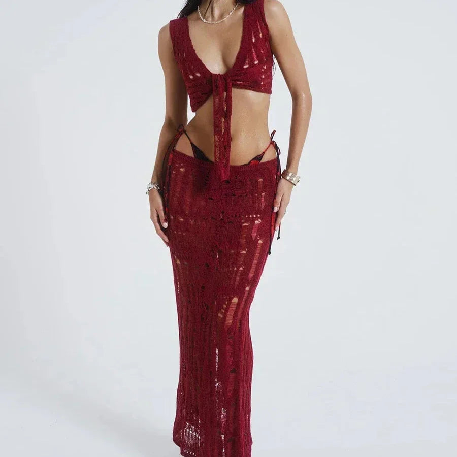 WW | Bikini Cover Up 2-Teilig Strick Crop Top Und Elastischer Niedriger Taillen Langer Rock Set
