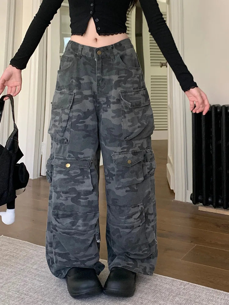 WW | Trashy Y2K Mode Gewaschen Camouflage Multi Taschen Baggy Jeans Cargo Hosen für Frauen Kleidung Weite Beine Lockere Damen Hosen