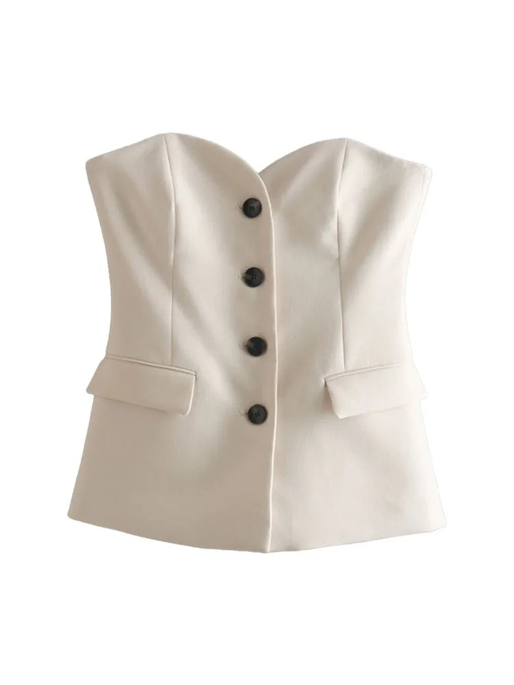 WW | Neue Mode Vintage Kleidung für Damen Ärmellos Knopf Unterwäsche Stil Weste Tasche Weiß Crop Top Damen