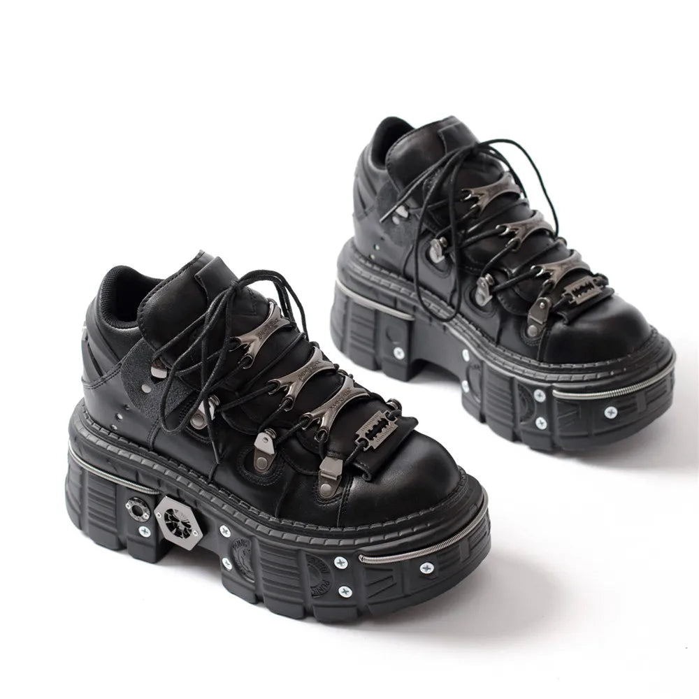 WW | Fashion Frauen Ankle Boots Damen Dünne Absätze Runde Spitze Schnürsenkel Metall Dekoration Sneakers Fräulein Nieten Punk Gothic Rock Schuhe