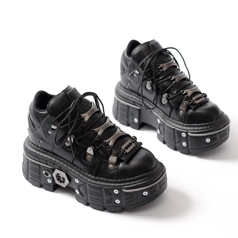 WW | Fashion Frauen Ankle Boots Damen Dünne Absätze Runde Spitze Schnürsenkel Metall Dekoration Sneakers Fräulein Nieten Punk Gothic Rock Schuhe