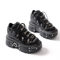 WW | Fashion Frauen Ankle Boots Damen Dünne Absätze Runde Spitze Schnürsenkel Metall Dekoration Sneakers Fräulein Nieten Punk Gothic Rock Schuhe