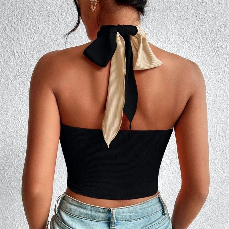 WW | Frauen Sommer Tank Tops Sexy Patchwork Cross Halterneck Träger Loch Crop Tops Hoch Street Wear Neue Mode