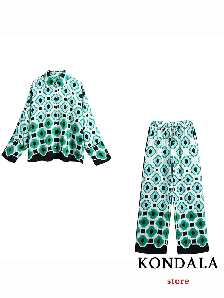WW | Geometrischer Druck Vintage Frauen Anzüge Herbstmode Übergröße Lange Blusen und Hohe Taille Breite Bein Hosen Frauen Set