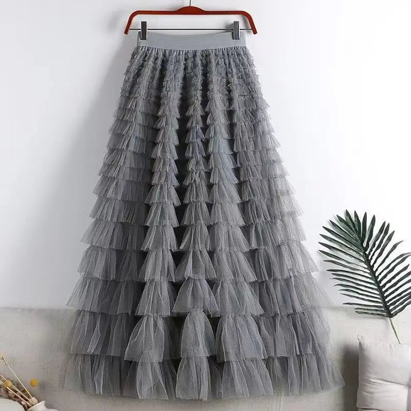WW | Lässig Damen Solide Ballkleid Lange Rock Tüll Hohe Taille Plissierte Tutu Rock Elegante Damen Wildes Netz Dating Maxi Röcke Drop