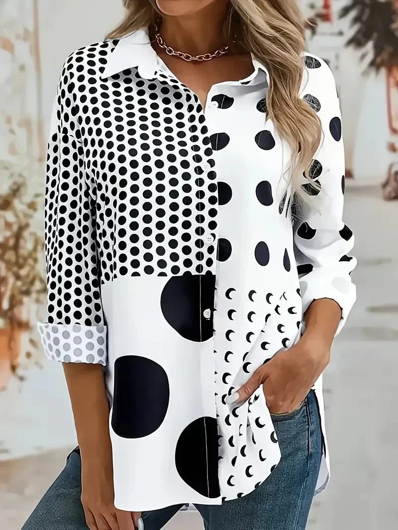 W&W Mode | weiße Bluse mit Punkten und geometrischen Mustern