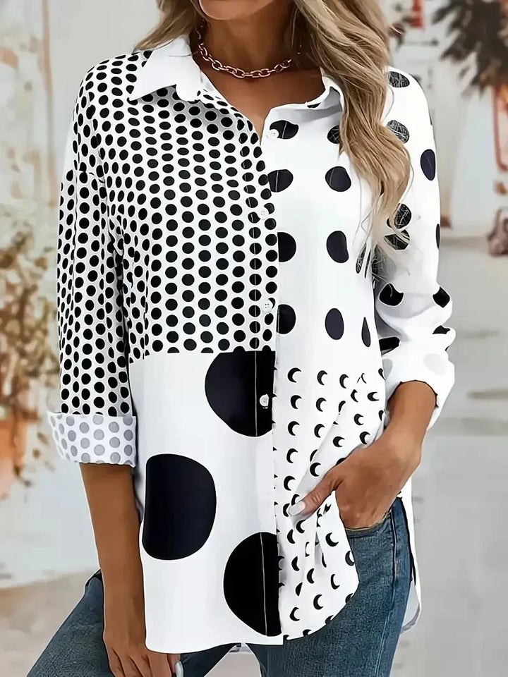 W&W Mode | weiße Bluse mit Punkten und geometrischen Mustern