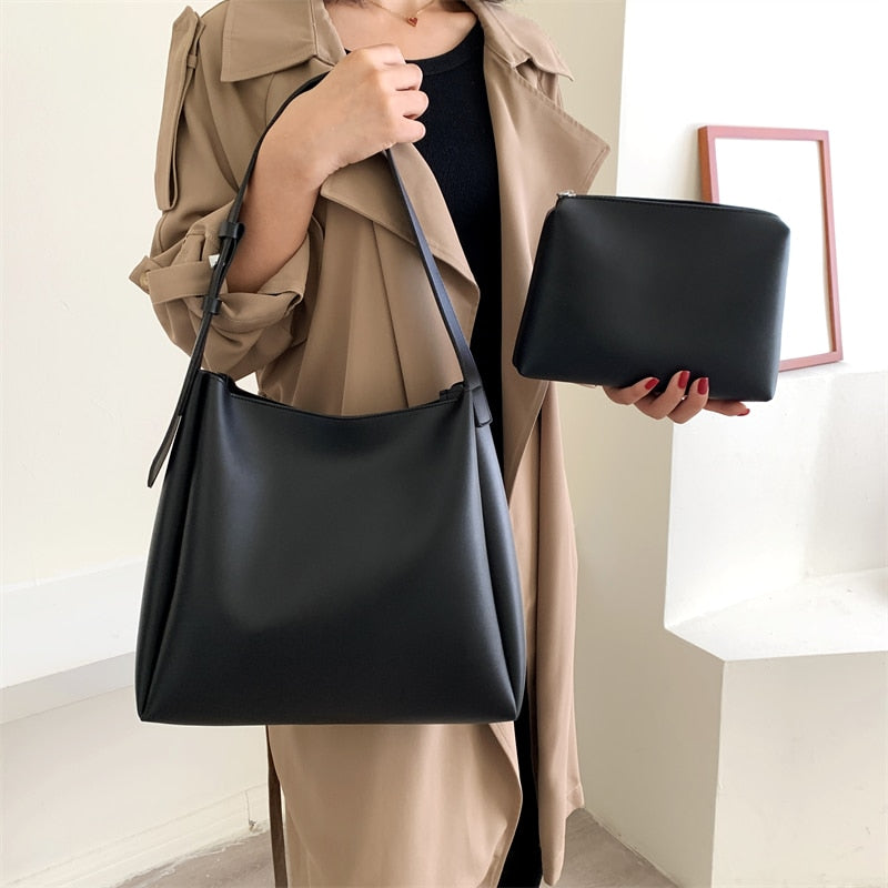 WW Hochwertige Damen Shopper Große Kapazität Schultertasche Reine Farbe Breiter Riemen Weiches PU-Leder