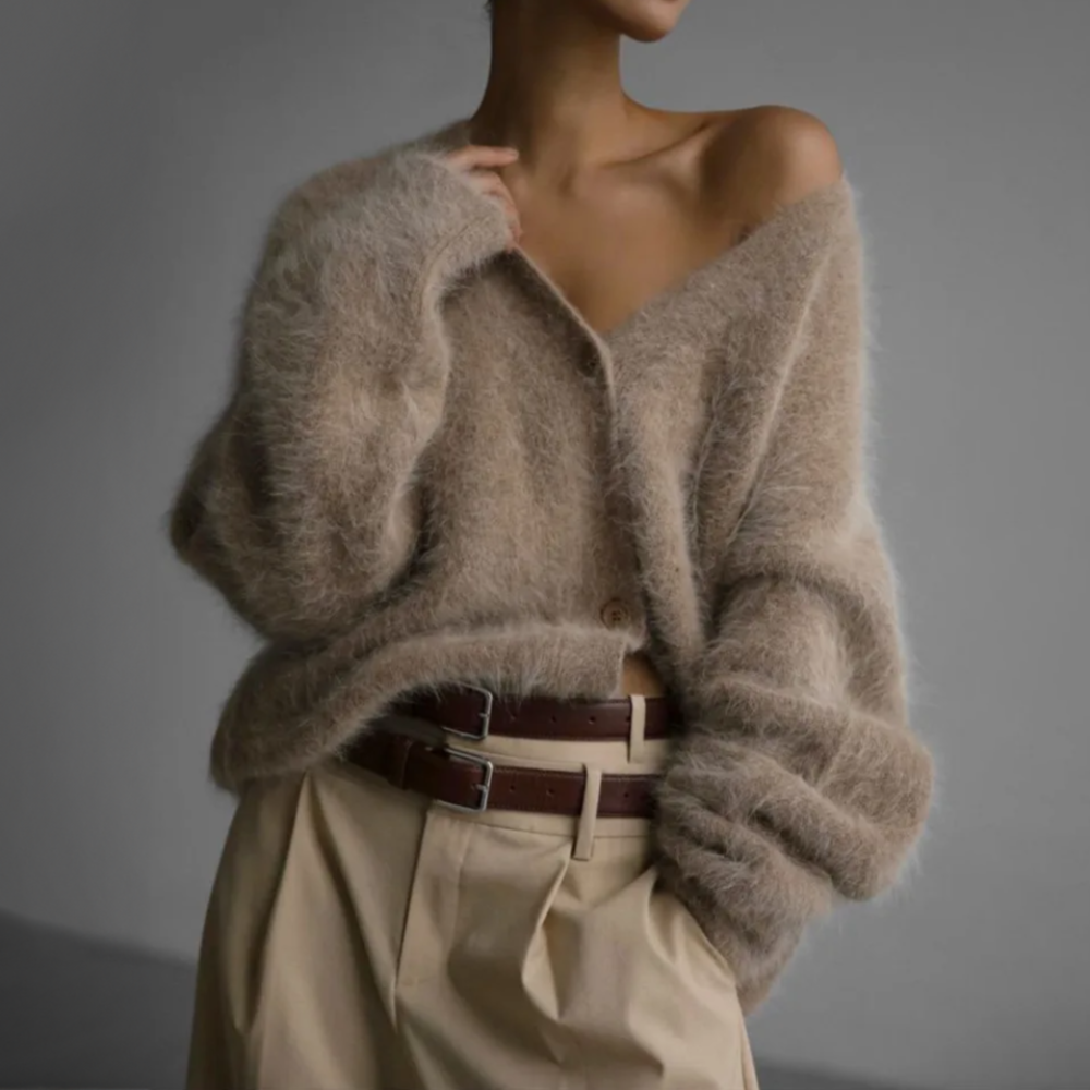 WW | Strickpullover Weicher Mohair Übergröße Passform Lange Ärmel Knopfverschluss