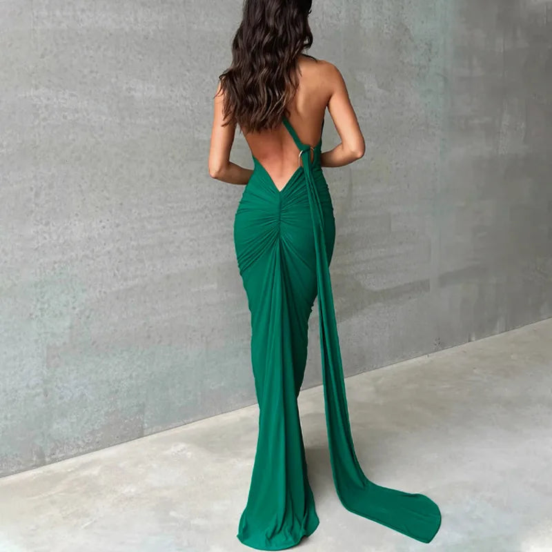 WW | Neue Mode Elegante Maxi Kleid für Frauen Sexy Ein Schulter Bodycon Slim Plissiert Einfarbig Rückless Kleider Fest Klub Kleidung