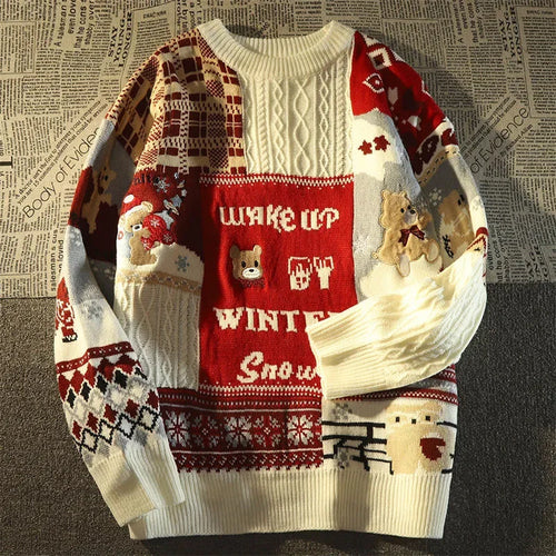 WW -Hässlicher Weihnachtspulli - Lockerer Retro-Pullover mit V-Ausschnitt und Farbblock-Design