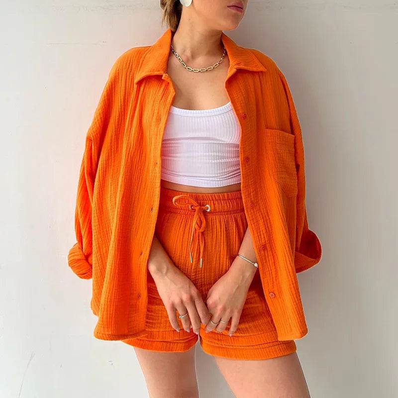 WW | 2 Teiliges Lässiges Nachtwäsche Baumwolle Pyjama für Frauen Umgeschlagenen Kragen Schlaf T-Shirts Set mit Shorts Gas Strickjacke Zuhausekleidung Sommer
