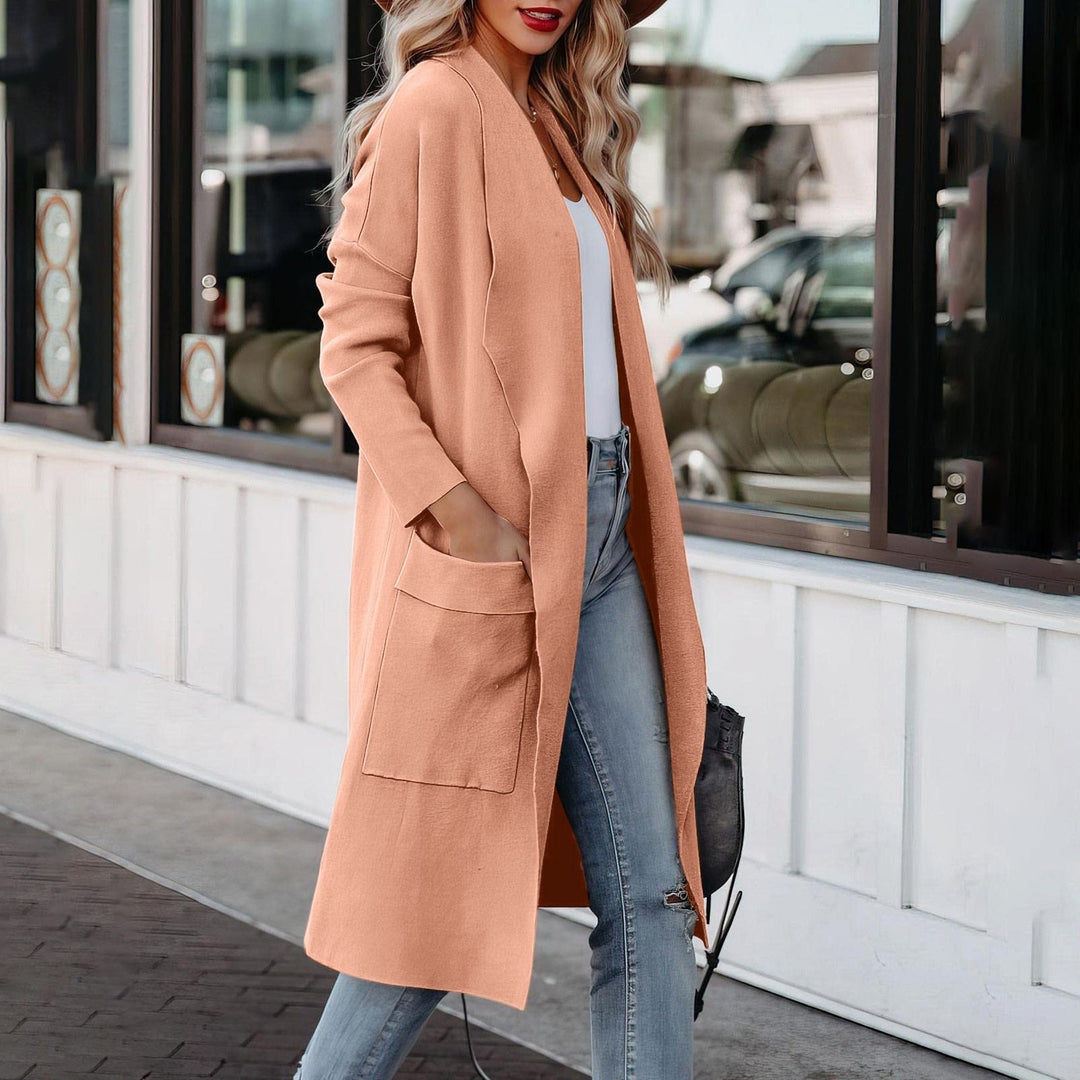 W&W Mode - Stilvoller Damen Freizeit langer einfarbiger Mantel mit Taschen