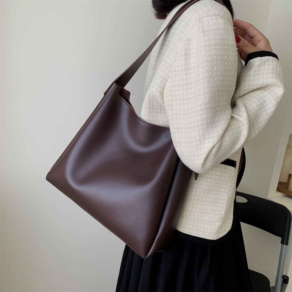 WW Hochwertige Damen Shopper Große Kapazität Schultertasche Reine Farbe Breiter Riemen Weiches PU-Leder
