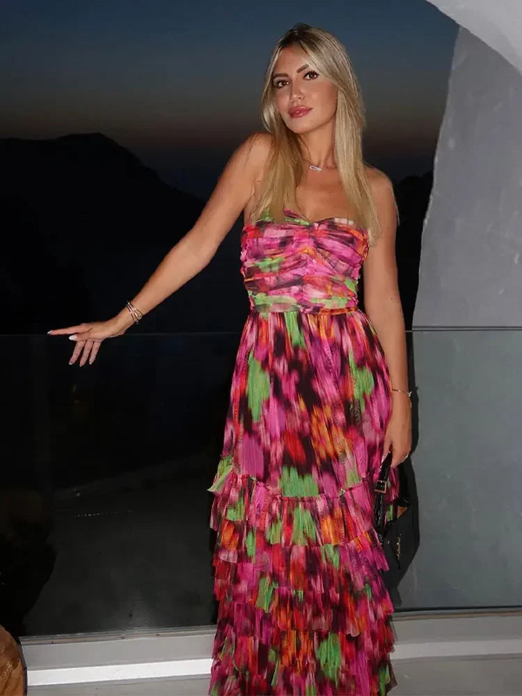 WW | Bunt Ohne Träger Lange Kleid Frauen Elegant Rückenfrei Patchwork Bodycon Kleider Sommer Weiblich Club Party Abend Kleider