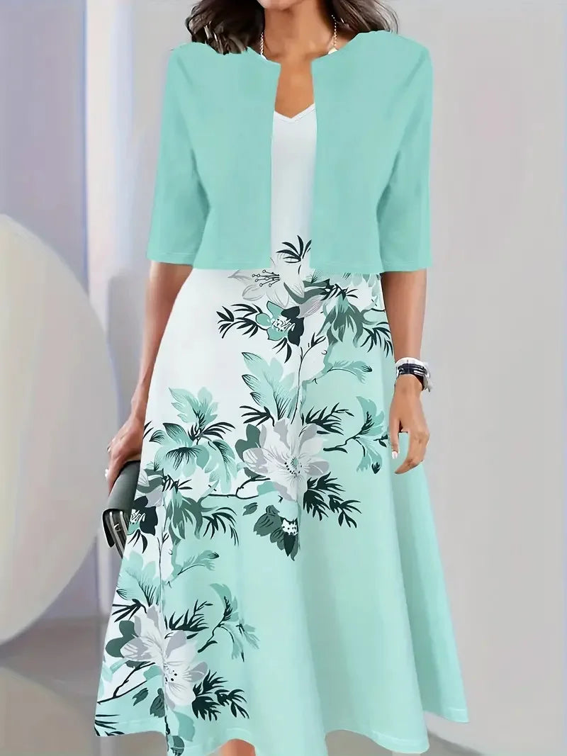 WW | Neu für Den Sommer! Eu Us Herbst Frau 2 Lang Kleid Set Blumen und Graspunkt Crew Neck Kleid mit Chiffon Kurzjacke