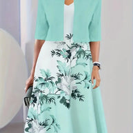 WW | Neu für Den Sommer! Eu Us Herbst Frau 2 Lang Kleid Set Blumen und Graspunkt Crew Neck Kleid mit Chiffon Kurzjacke