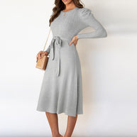 WW | Elegantes Gestricktes Midi Kleid Mit Gürtel Für Damen
