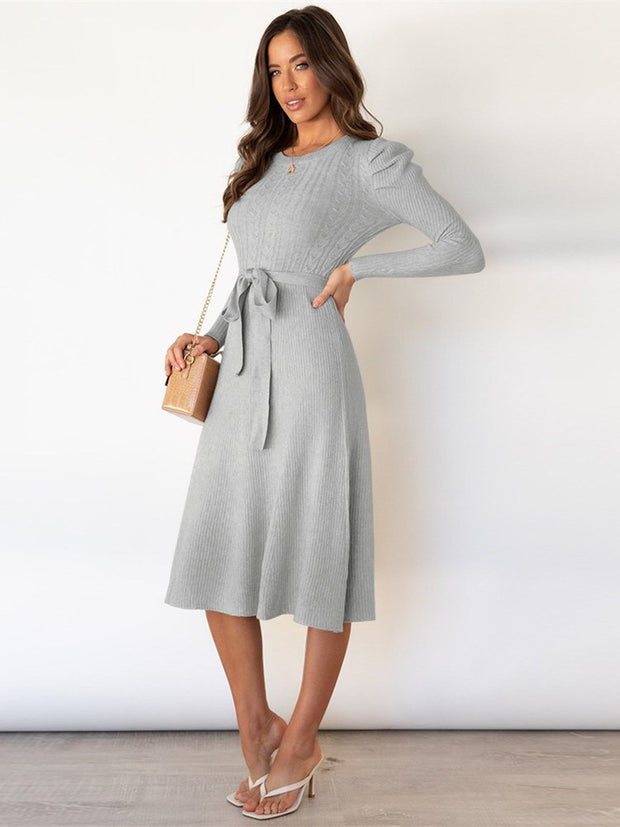 WW | Elegantes Gestricktes Midi Kleid Mit Gürtel Für Damen