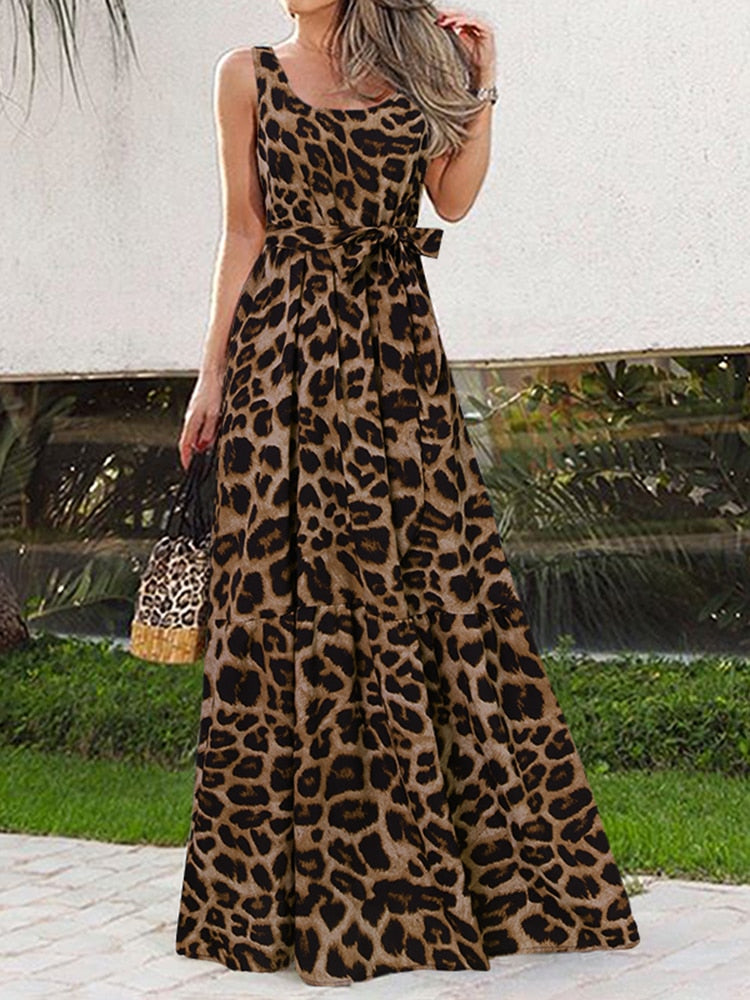 WW | Lässiges Sexy Ärmelloses Leopardenmuster Maxi Kleid