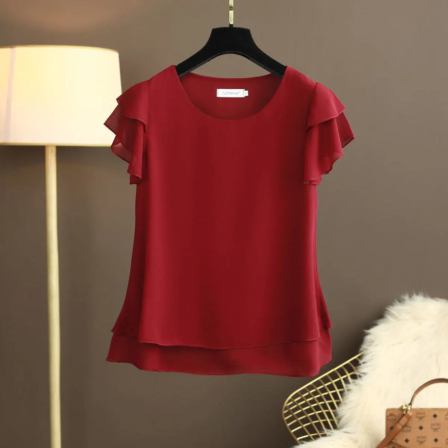 WW | Chiffon Bluse Mit O-ausschnitt Und Kurzen Ärmeln