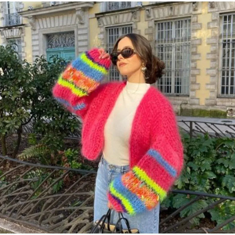 Gestreifte, offene Strickjacke