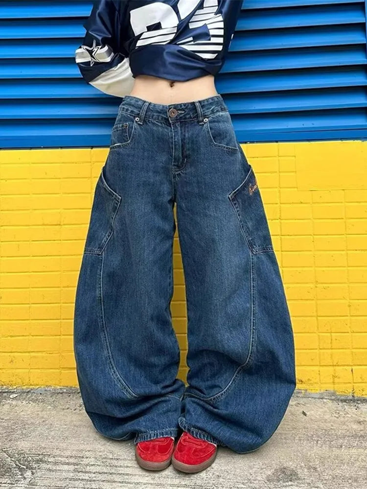 WW | Cyber Y2K Streetwear Blaue Breite Bein Baggy Harem Jeans Hosen für Frauen Designer Kleidung Multi Taschen Gerade Damen Hosen