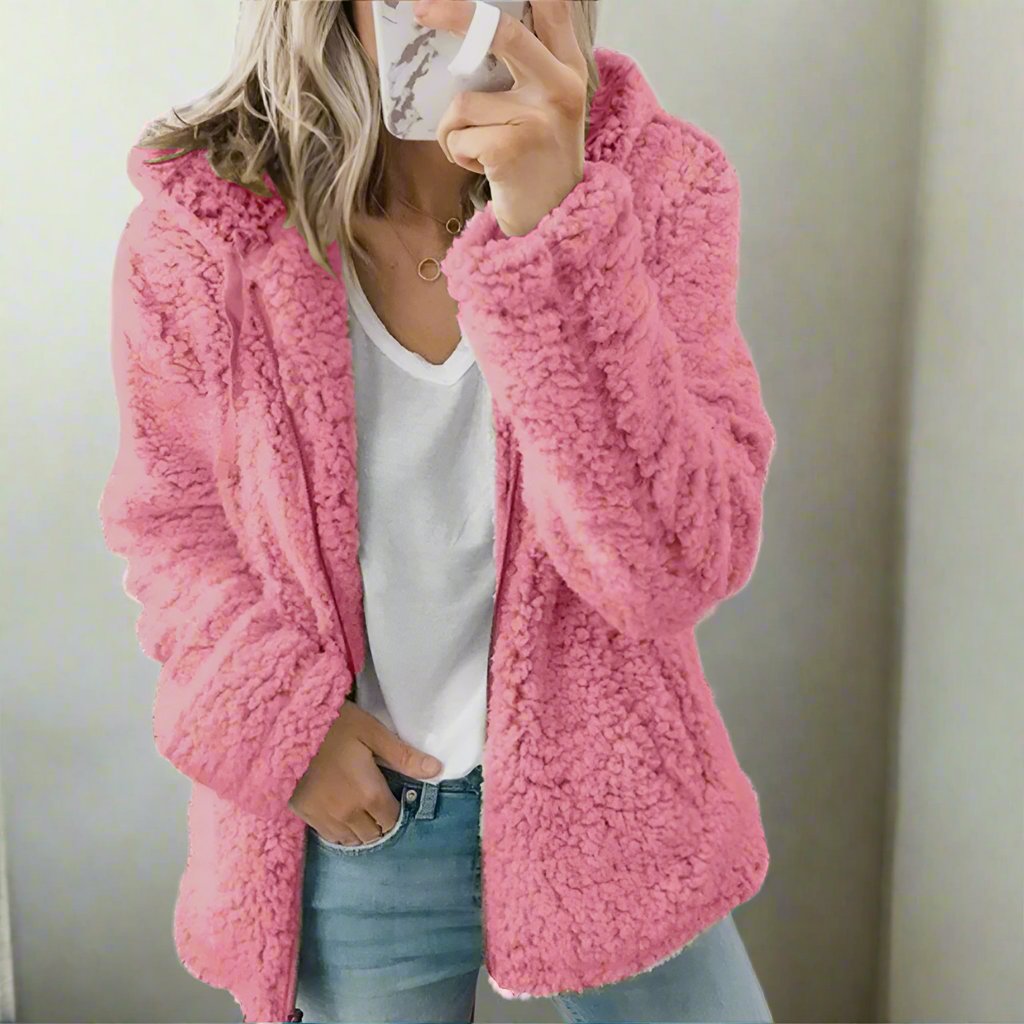 W&W Mode | Teddy-Fleecejacke mit Kapuze Damen - weiche Winterjacke mit Reißverschluss
