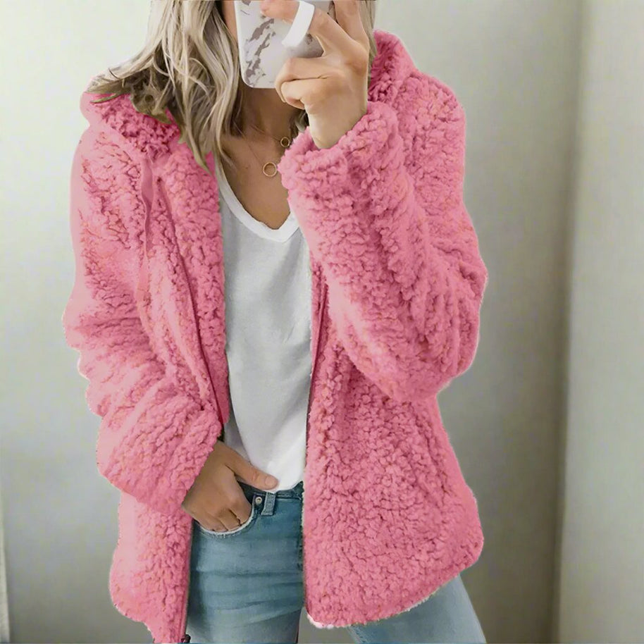 WW | Teddy-Fleecejacke mit Kapuze Damen - weiche Winterjacke mit Reißverschluss
