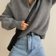 Gestreifter Turtleneck Damenpullover mit Reißverschluss