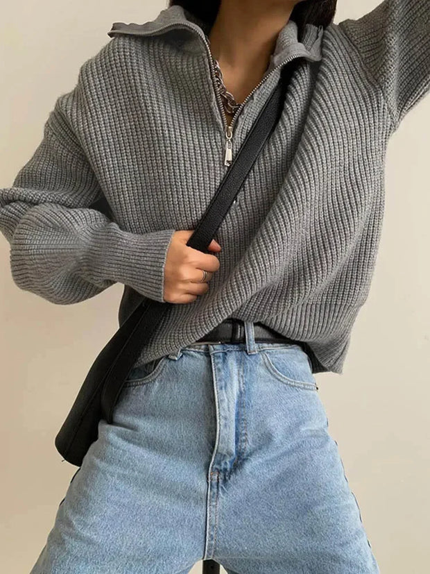 Gestreifter Turtleneck Damenpullover mit Reißverschluss
