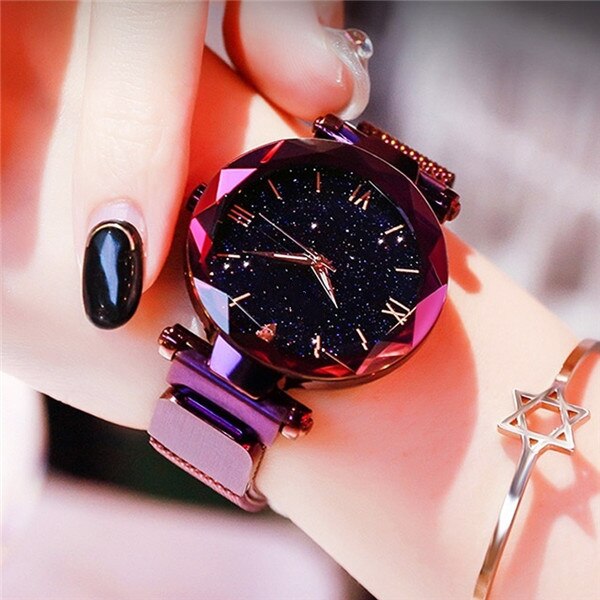 WW Leuchtende Sternenhimmel: Damenmode Sternenhimmel Uhren Magnetische Schnalle Mesh Armband Diamant Quarzuhr Damen Kleideruhr