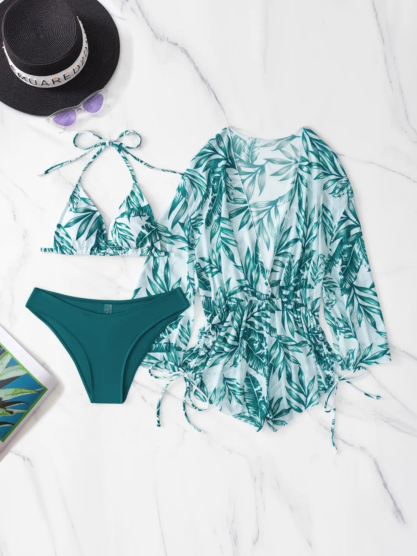 WW | 3 Stück Bikini Tropischer Druck Badebekleidung Halter Schnürseite Badebekleidung Frauen Badeanzug Weiblich Schwimmen Sommer Strandbekleidung