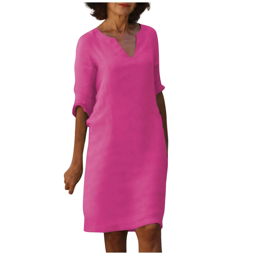 W&W Mode | Damen Baumwoll Leinen V-Ausschnitt Kleid Mit Halben Ärmeln