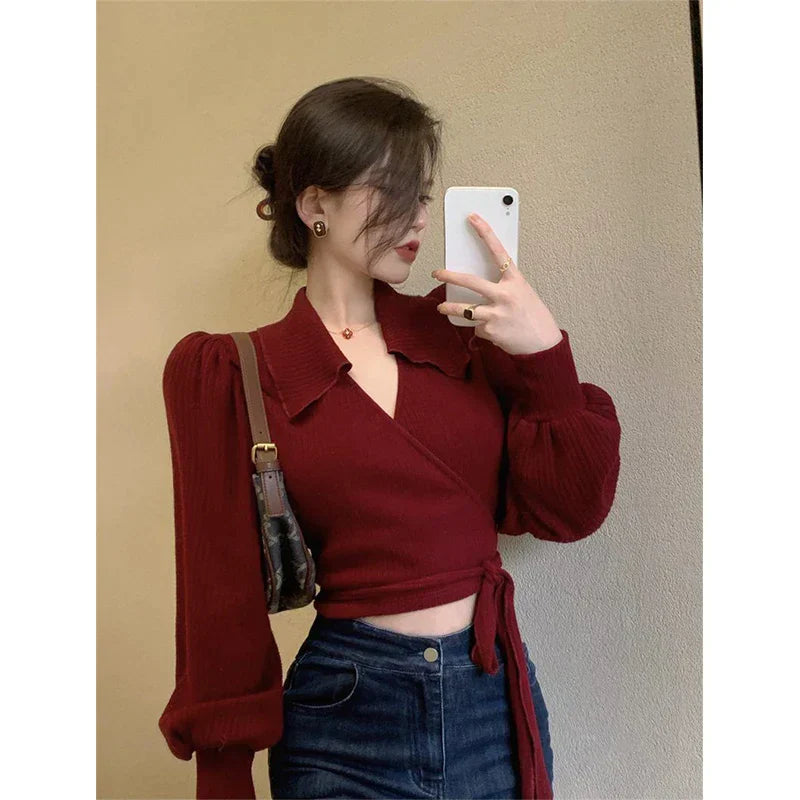 WW | Jahrgang Crop Pullover Frauen Bandage Strick Pullover Streetwear Koreanisch Laterne Ärmel Strickwaren Elegant Bodycon Jumpers