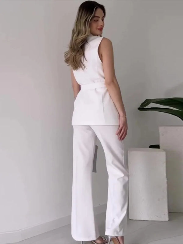 WW | Ärmelloser Blazer-Anzug Taillierte Passform Wickel-V-Ausschnitt Weite Hose