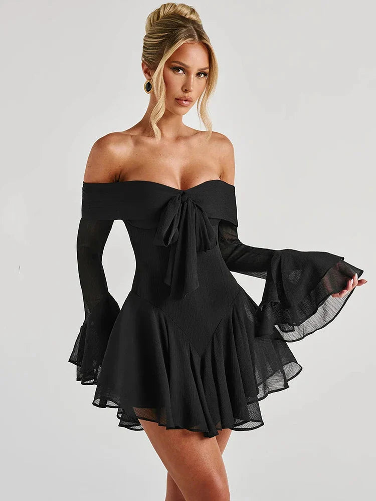 WW | Trägerlose Lange Flare Ärmel Sexy Mini Kleid für Frauen Robe Off Shoulder Rückenfrei Hohe Taille A-Linie Club Party Kleid