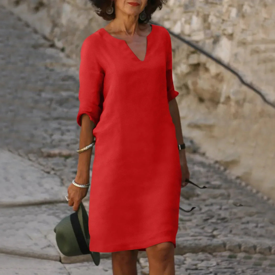 W&W Mode | Damen Baumwoll Leinen V-Ausschnitt Kleid Mit Halben Ärmeln