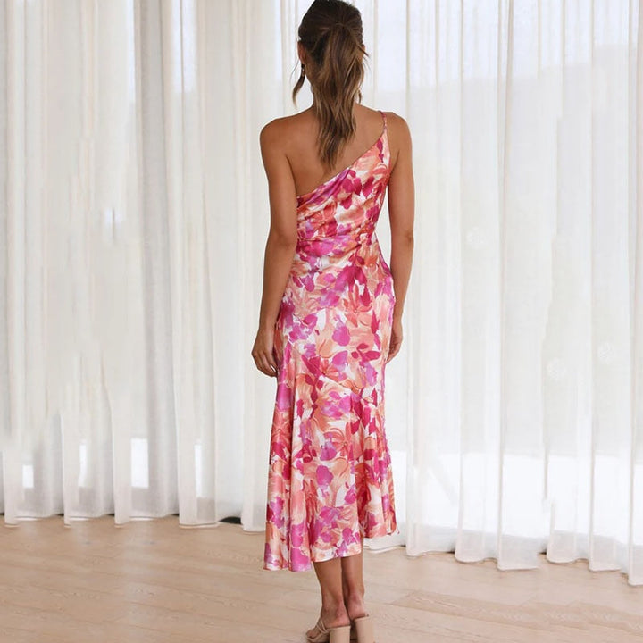 W&W Mode | Rosa Blüten Ein Schulter A-linie Satin Kleid Für Damen