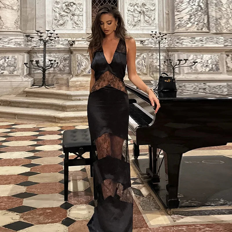 WW | Spitzen Durchsichtig Sling Maxi Kleid Frauen Sexy Schlank Schwarz Rückeloses Ärmellos Lange Kleider Damen Sommer Schick Fest Abend Roben