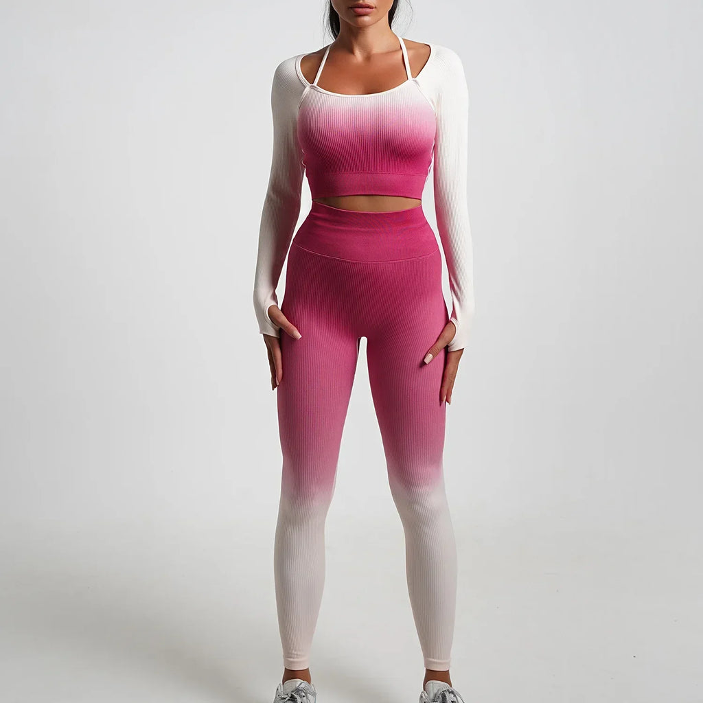 WW | Nahtlose Gradient Yoga Set Sport Fitness Hohe Taille Hip Lifting Hosen Langarm Anzüge Training Fitness Leggings Set für Frauen