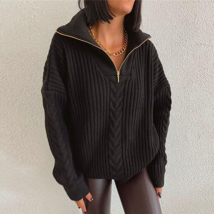 W&W Mode V-Sweater | Bequemer Zopfpullover mit V-Ausschnitt, Rollkragen und Reißverschluss