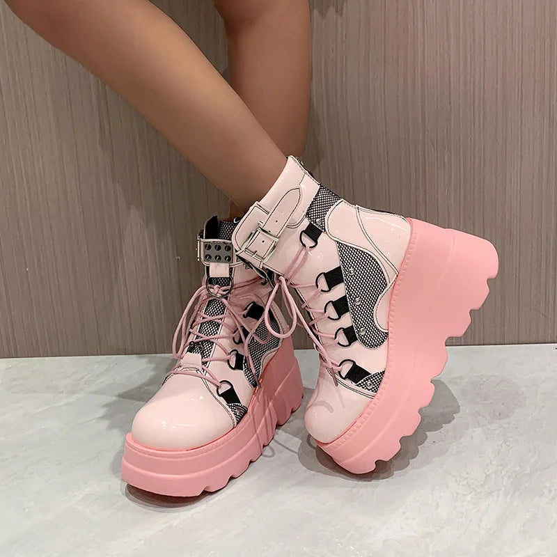 WW | Damen Punk Stil Dicksohlige Keilabsatz Reiterstiefel Große Größe Kreuzschnürung Dicksohlige Mittelrohr Damen Gothic Cowboy Stiefel