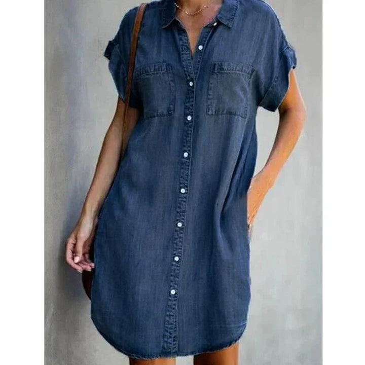 W&W Mode | Lässiges Kurzärmeliges Mini Sommerkleid Aus Denim Für Damen Mit Knöpfen