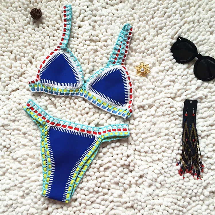 WW | Gestrickter Bikini 2 Teilig Schwimmanzug für Frauen, Sommerstrandurlaub Badebekleidung, Sexy Dreieckiger Cup V-Ausschnitt Träger-Schwimmbekleidung