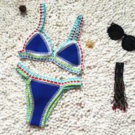 WW | Gestrickter Bikini 2 Teilig Schwimmanzug für Frauen, Sommerstrandurlaub Badebekleidung, Sexy Dreieckiger Cup V-Ausschnitt Träger-Schwimmbekleidung