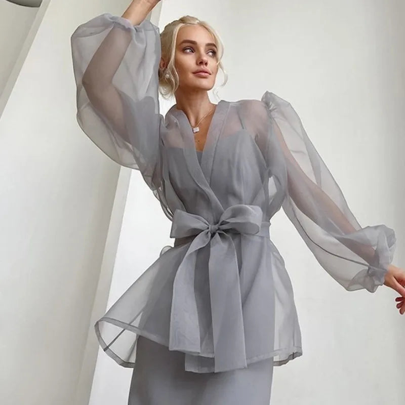 Damen Organza-Bluse mit Bindegürtel und transparentem Stoff